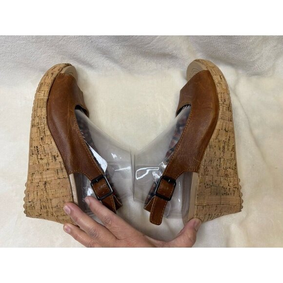 CROCS A-Leigh Brown Leather Slingback Strap Cork Wedge Sandals Size 10 - Picture 5 of 12